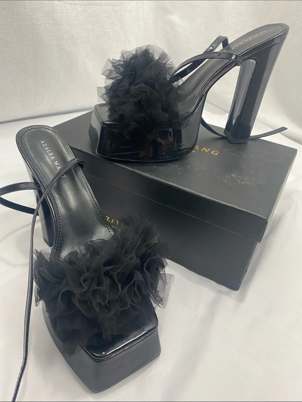 Black Platform Slide Heels with Tulle Pom Accent
